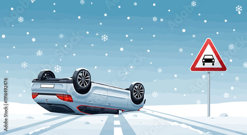 Car accident on snowy road with warning sign nearby illustration