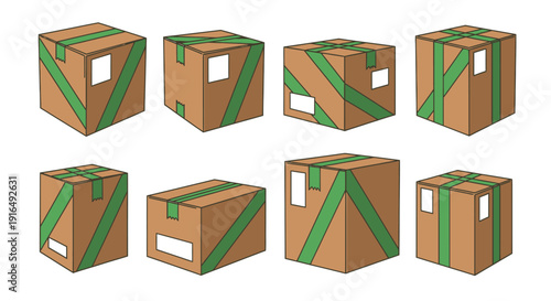 Brown cardboard boxes with green packing tape and labels for shipping and delivery