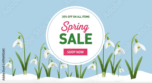 Snowdrops flowers blooming in snow with spring sale advertisement banner