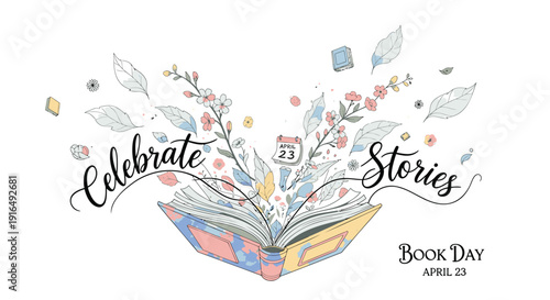 Vector illustration of an open book with colorful flowers and leaves, celebrating World Book Day on April 23