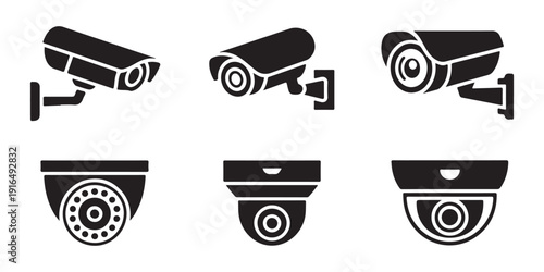 Surveillance equipment icons featuring wall mounted cameras and ceiling dome units for property security system