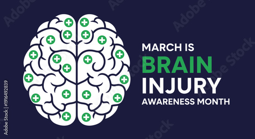 Brain injury awareness month graphic with white brain and green crosses on dark background