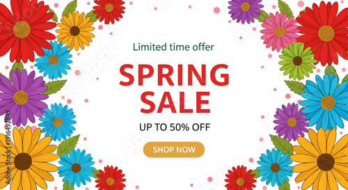Colorful spring sale advertisement with flowers and discount offer on white background