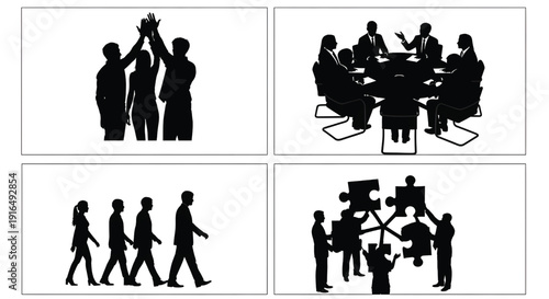 Silhouetted images depict four different scenes. Top left: Four figures giving high-fives, suggesting teamwork. Top right: