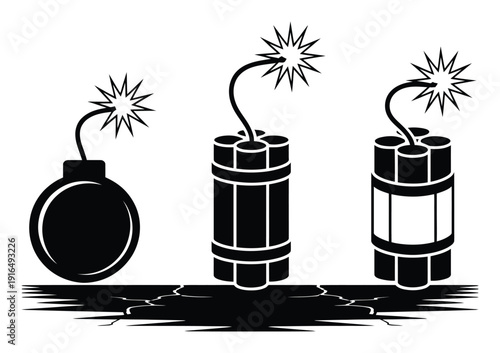 Three Explosive Devices: Bomb, Dynamite Sticks, and Cracking Ground