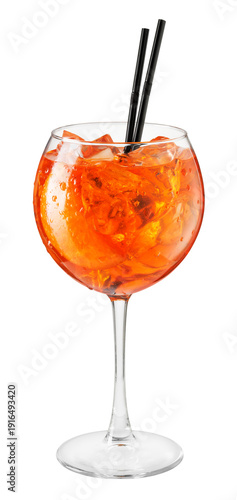 Fotografía Cold aperol spritz cocktail in glass with straw isolated on white background