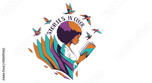 Vector illustration of a woman reading a book surrounded by colorful birds and abstract shapes