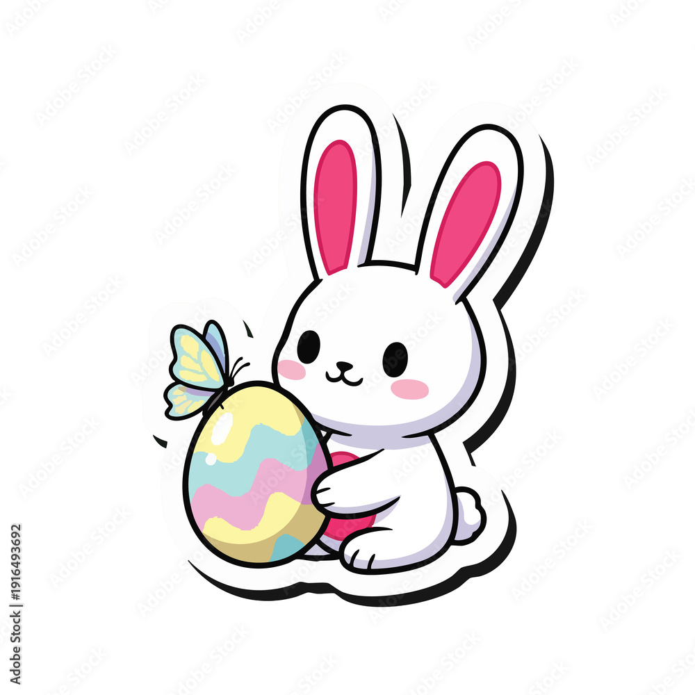 Fototapeta premium Adorable white cartoon bunny gently holding a pastel-striped Easter egg adorned with a delicate yellow butterfly.