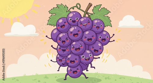 cartoon grape friends dancing in sunny meadow