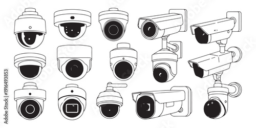 Outline illustration of various surveillance and security camera types for monitoring and protection purposes