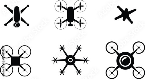 Black and white vector illustration set featuring various modern drone and quadcopter silhouettes designed for aerial technology and flight concepts.