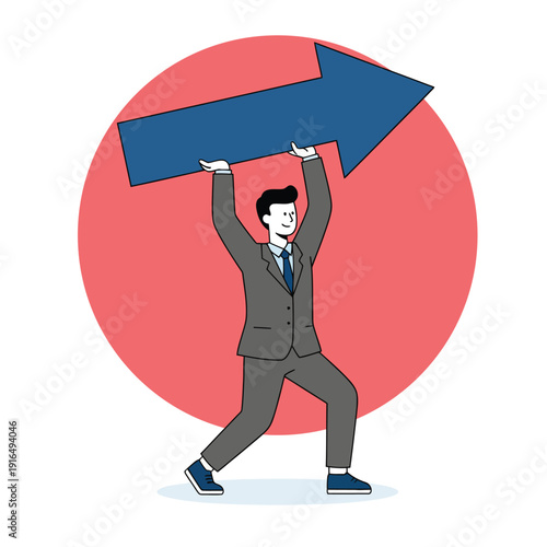 Concept of carrying the burden of growth, strategic responsibility, and lifting the business. A professional character taking charge of a major project. Ideal for leadership and workload themes.