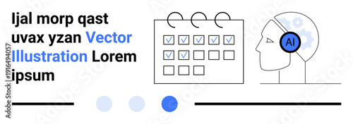 Calendar with checkmarked tasks, AI-powered head silhouette with gears, focus on digital productivity. Ideal for AI integration, task automation, technology, planning, innovation, time management