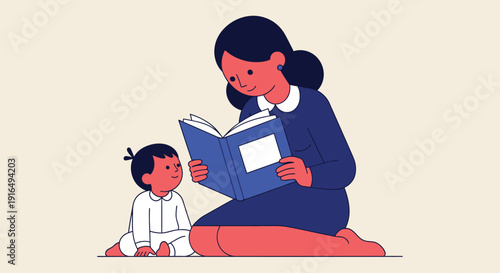 Mother reads a storybook to a small child sitting beside her on a neutral background, symbolizing early education and bonding.