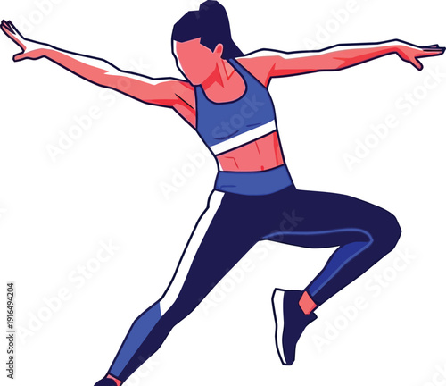Active woman in dark leggings and sports bra lunges forward with arms outstretched in a vigorous exercise movement.