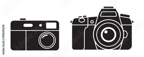 Simple silhouette icons of a compact digital camera and a professional DSLR camera for photography enthusiasts