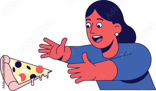 Excited woman reaches out enthusiastically to catch a falling slice of dripping cheese pizza with toppings.