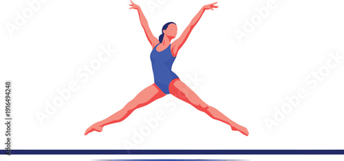 Gymnast in a blue leotard performs a dynamic split leap with arms extended upward against a white background.