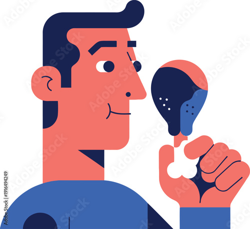 Man savors the aroma of a stylized, dark-colored roasted poultry leg held delicately in his hand.