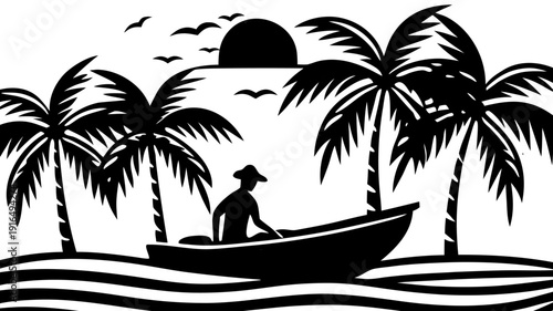 Man Sailing Boat in Front of Tropical Island – Silhouette Vector