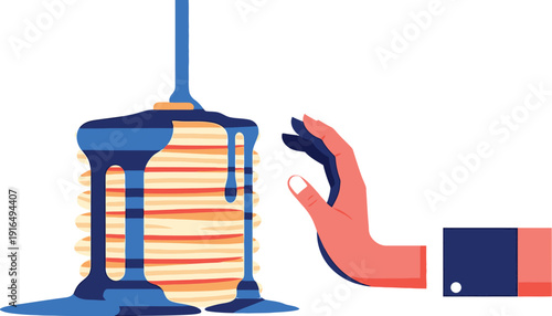 A hand in a suit sleeve reaches for a tall stack of pancakes generously covered in blue syrup, suggesting indulgence or temptation.