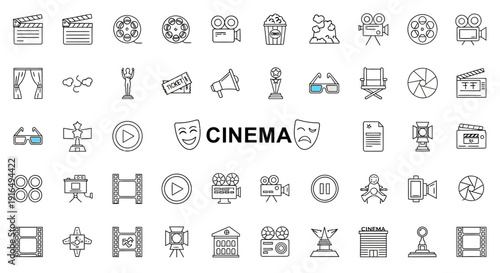 Collection of Cinema Related Icons in Gray Scale.