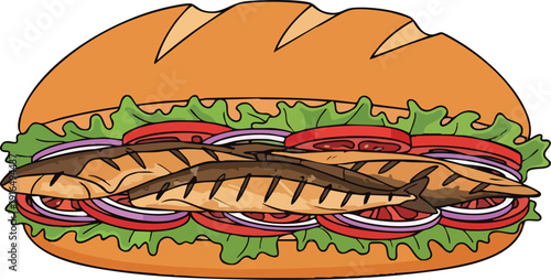 Delicious Fish Sandwich with Fresh Vegetables and Toasted Bread.