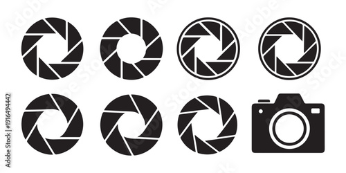 Camera lens aperture set with shutter circle diaphragm icons for photography equipment design in flat vector