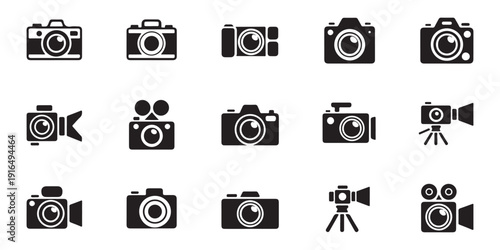 Set of various video and photo camera icons including different styles and angles illustration