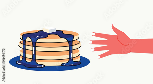 A reaching hand attempts to grab a tall stack of pancakes covered in thick blue syrup and butter pats.