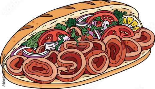 Delicious Kokorec Sandwich with Fresh Vegetables and Lemon.