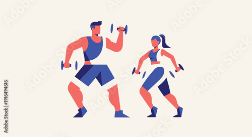 Fit couple performing dumbbell exercises together, demonstrating a shared commitment to health and fitness.