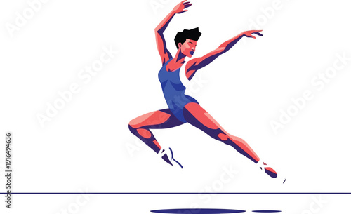 Ballerina gracefully leaps mid-air in a dynamic pose, showcasing athletic artistry and elegant movement.