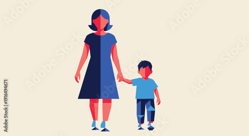 Mother and small child stand side by side holding hands, representing maternal love and the bond between parent and youngster.