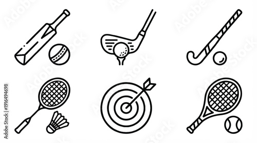 line drawing sports icons set including cricket and tennis  various equipment