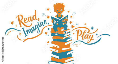 Vector illustration of a child reading on a stack of books with inspirational words