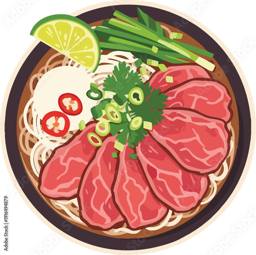 Delicious Vietnamese Pho Soup with Beef and Fresh Herbs.