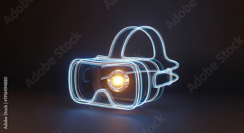 A futuristic virtual reality headset with glowing lines in a dark setting.