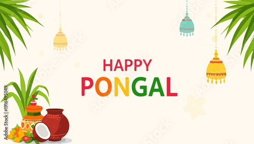 Vector template banner of Happy Pongal Holiday Harvest Festival of Tamil Nadu South India on a white isolator background with a flat design,