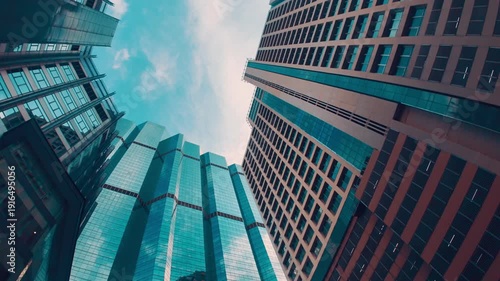 tall skyscrapers buildings looking up perspective, downtown district modern architecture of steel and glass, skyline of big city, low angle look-up view 4k