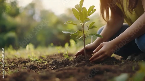 A person plants a small tree in soil. Hands carefully tend the plant, surrounded by a blurred green background
