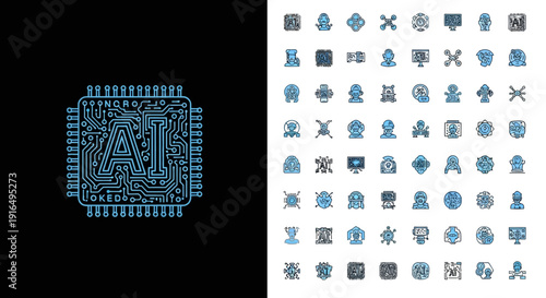 Futuristic Artificial Intelligence (AI) Circuit Board and Technology Line Icons Set on Isolated Black Background for Digital Concepts.
