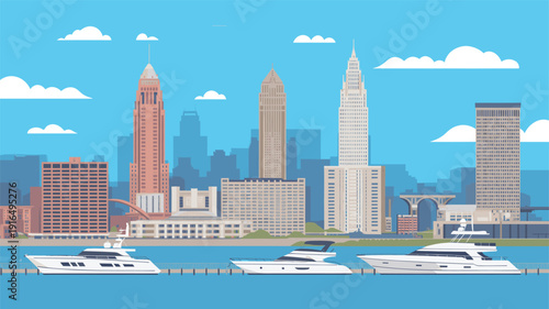 Milwaukee Wisconsin skyline illustration, modern downtown cityscape with marina yachts and Lake Michigan waterfront