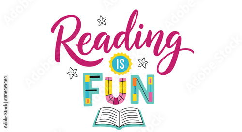 Colorful vector illustration of 'Reading is Fun' with stars and an open book