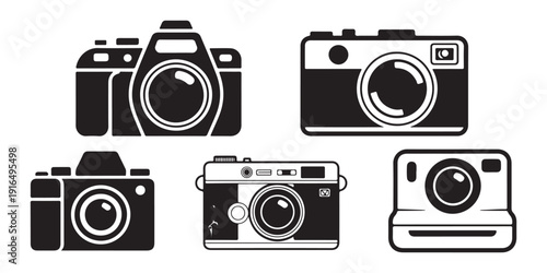 Vintage and modern photo camera collection featuring dslr polaroid and rangefinder styles in black outline