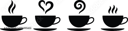 Coffee cup silhouette icons, hot beverage mug set with steam shapes isolated black vector illustration