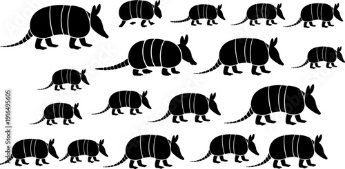 Armadillo Silhouette Collection Set, Black Vector Illustration of Armadillos in Various Poses Isolated on White Background, Wildlife Animal Clipart Bundle for Design
