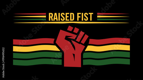 Vibrant raised fist illustration with african inspired colors and symbolism on black background