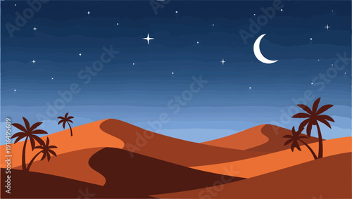 Desert Landscape with Palm Trees and Crescent Moon.