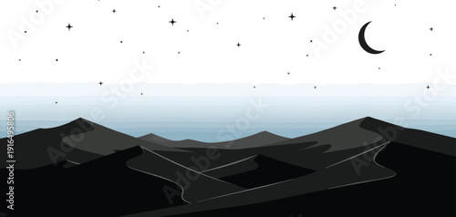 Crescent Moon Night Sky Stars Landscape.